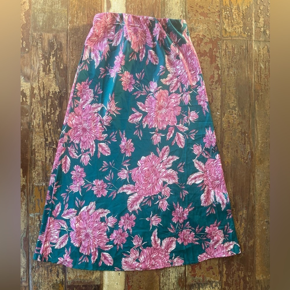Anthropologie Abel the Label Bonnie Pink Satin Floral A-Line Midi Skirt | XS